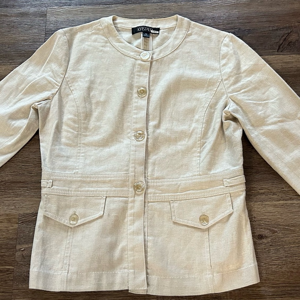 Kasper Safari Style Blazer Jacket Linen Blend Cream/Tan Size 10 - Picture 11 of 12